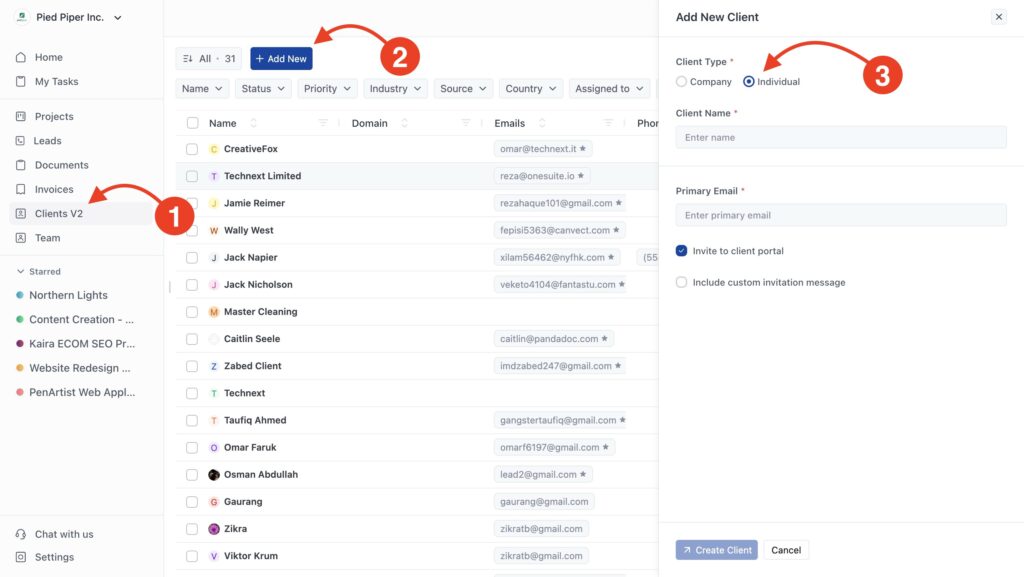 Create individual clients in onesuite