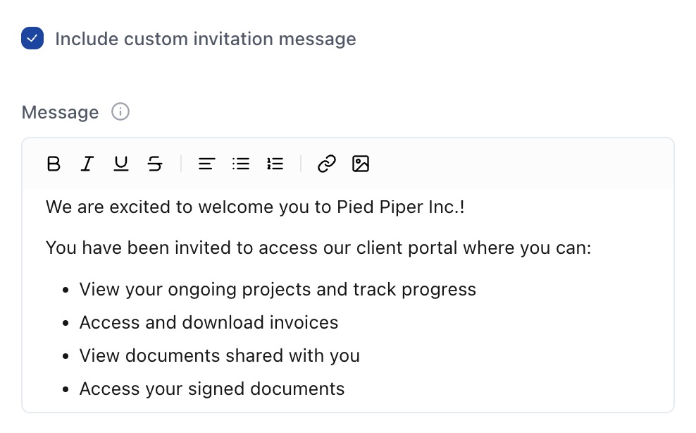 Custom invitation email for clients
