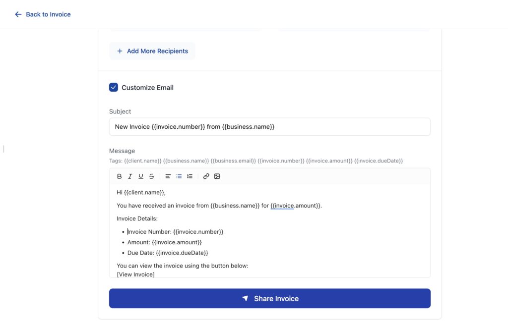Personalized email section before sending invoice