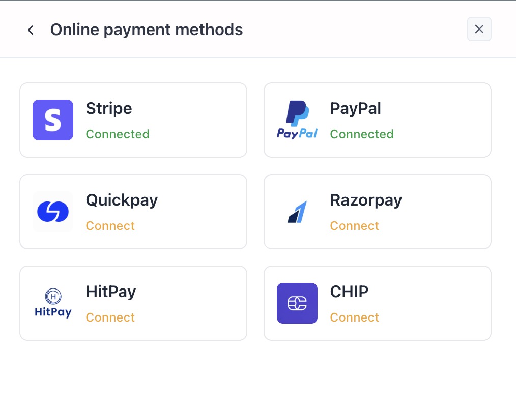 Online payment methods tab