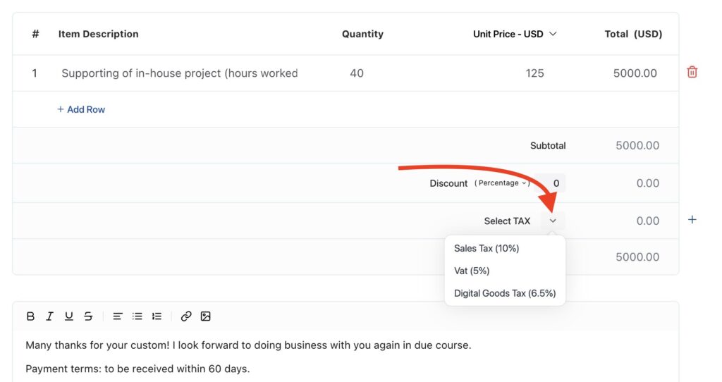 Selecting a tax from the dropdown menu.

