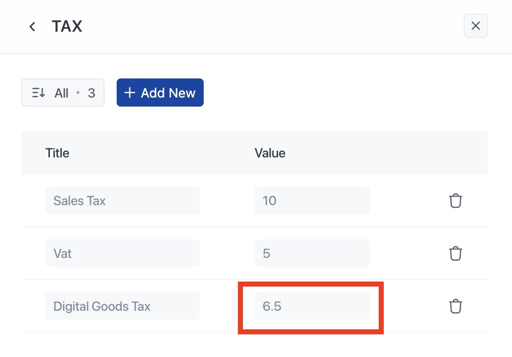add tax type and percentage