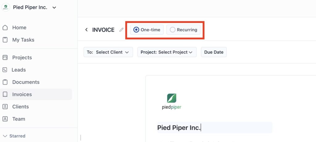You'll see the invoice creation page with two options: