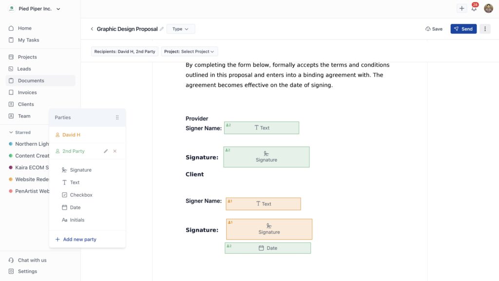 Add parties and signature fields in the left panel