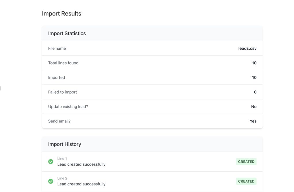 Import statistics showing successful and failed imports