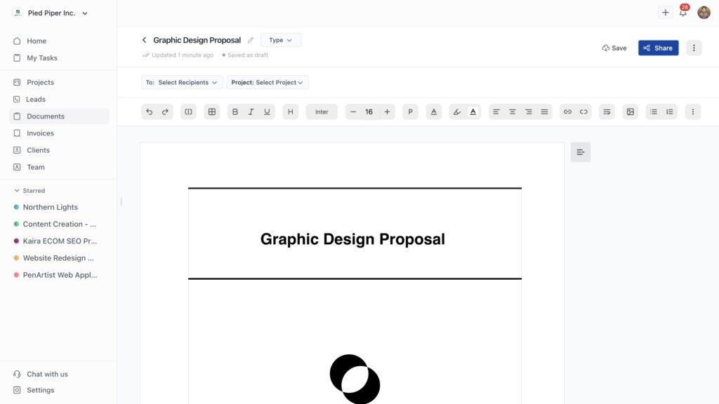 The document editor with your selected template