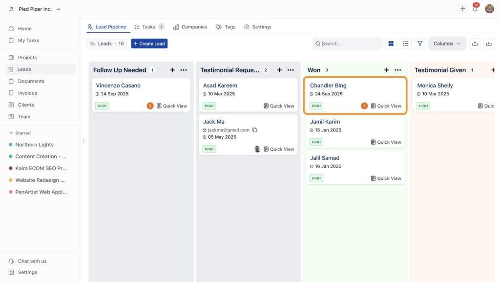 Your leads organized by pipeline stage in OneSuite