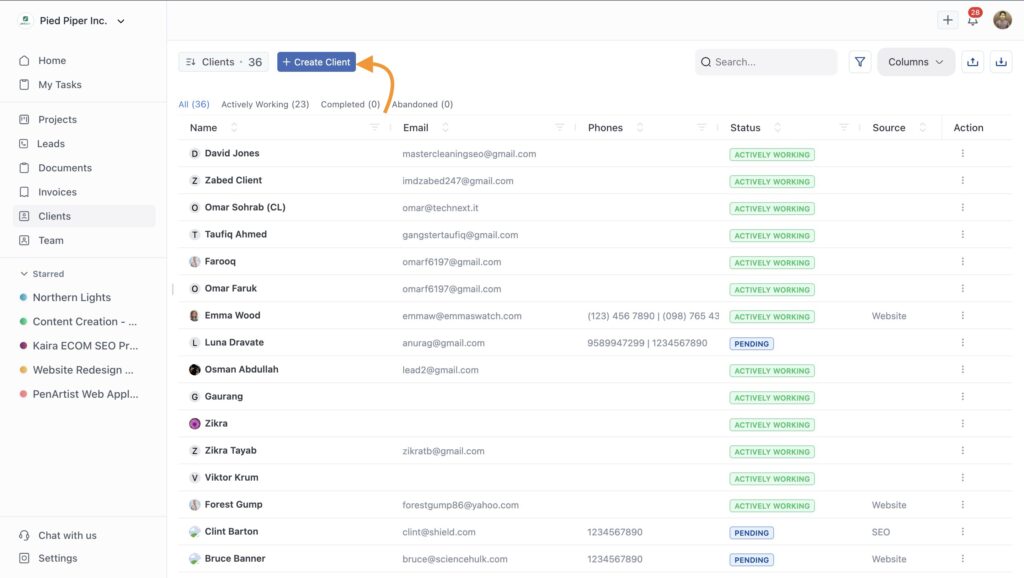The Create Client button is always accessible from your clients list