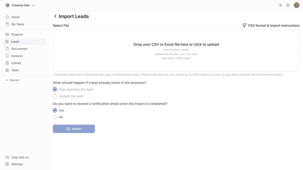 The import interface ready to accept your CSV or Excel file