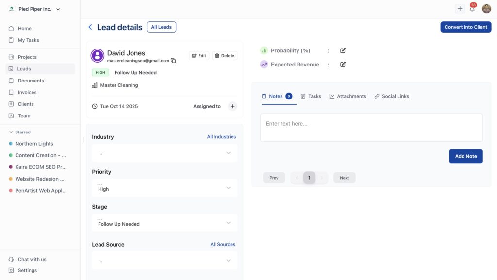 Click Convert Into Client in the top right corner
