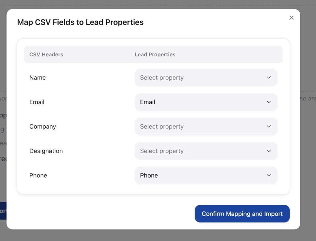 Map your CSV headers to OneSuite lead properties