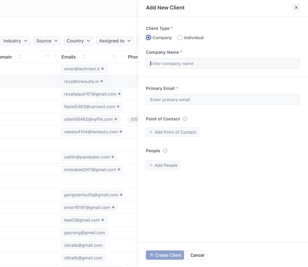 adding company type clients in onesuite 