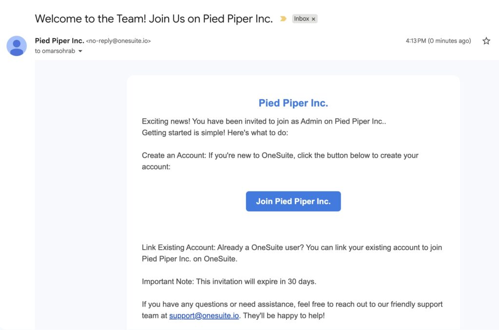 invitation email came from onesuite