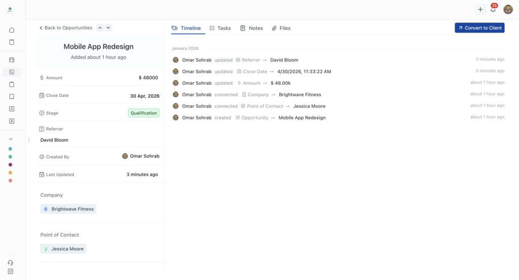 Jessica Moore from Brightwave Fitness reaches out about redesigning their mobile app. That's an opportunity - a specific project worth $48,000.
