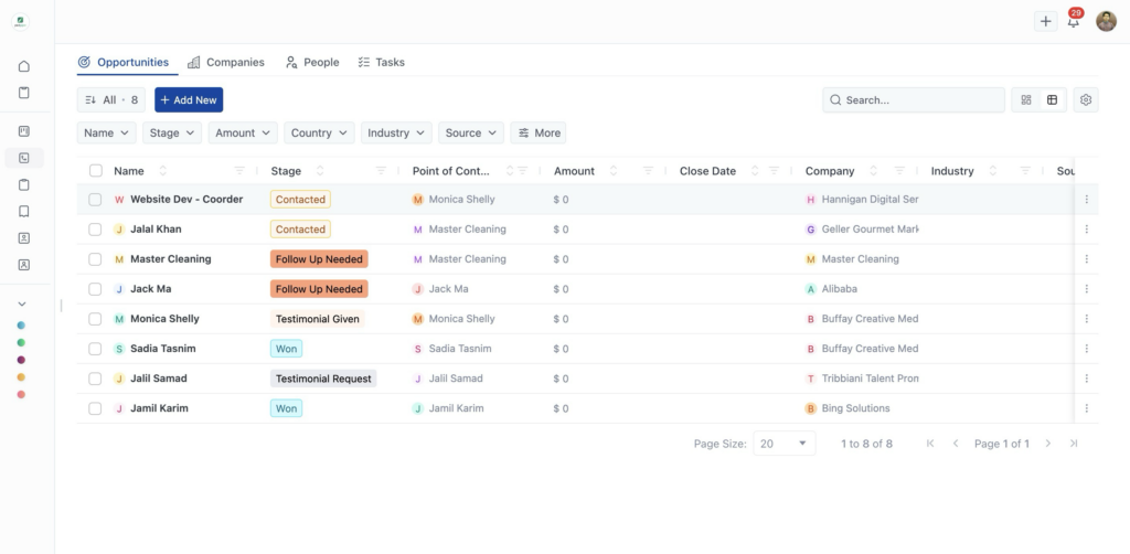 CRM main interface showing the four tabs - Opportunities, Companies, People, Tasks