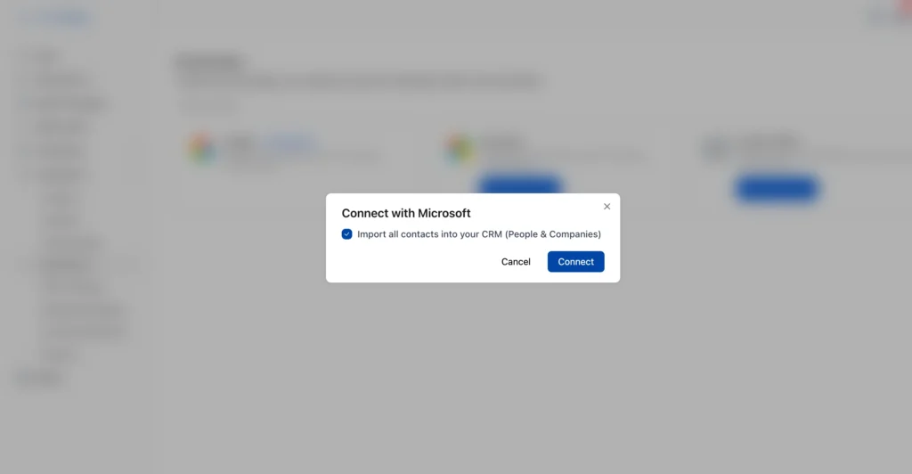 Connect with Microsoft dialog with import checkbox