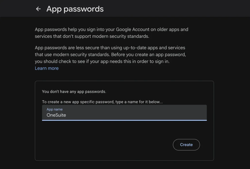 Google App password screenshot