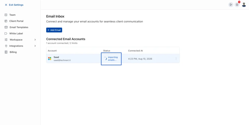 Importing Emails Screenshot