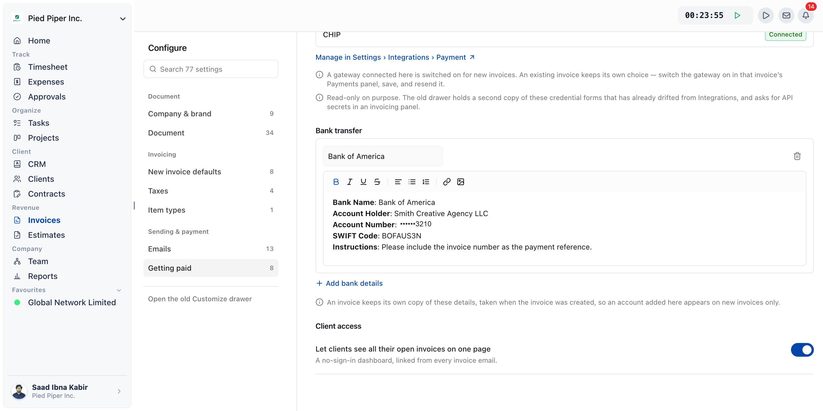 Invoices, Configure, Getting paid page with one bank account filled in under Bank transfer