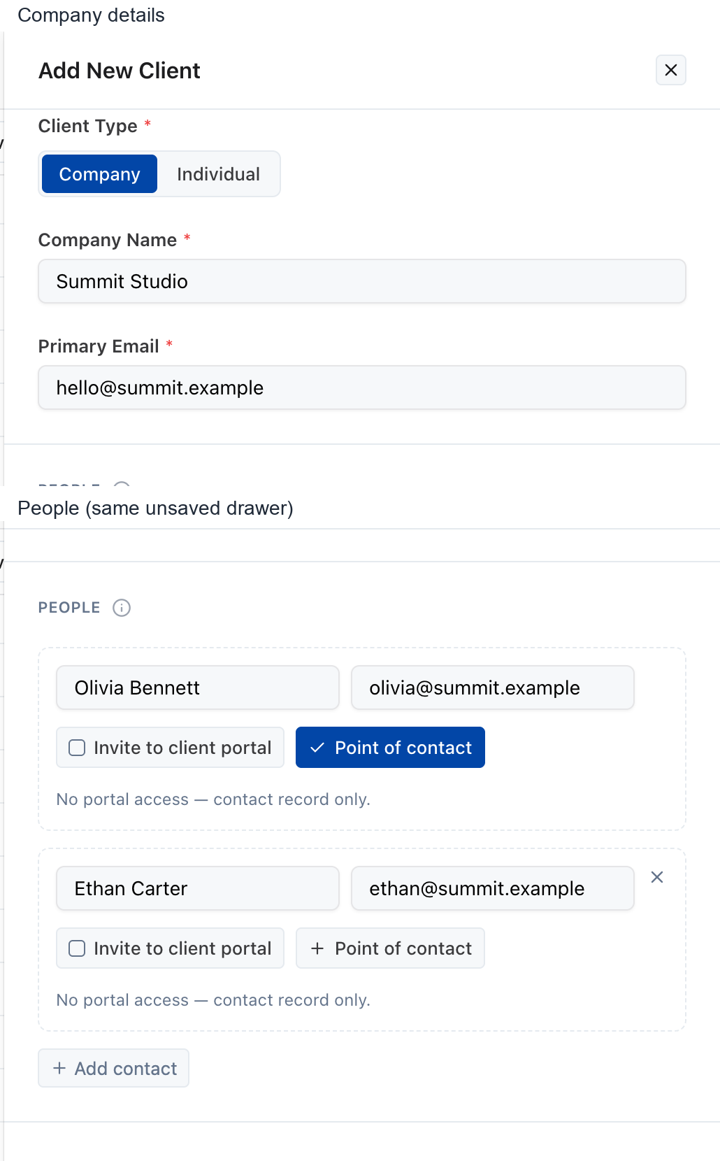 Add New Client drawer with Client Type set to Company and two person cards in the People section, one marked Point of contact