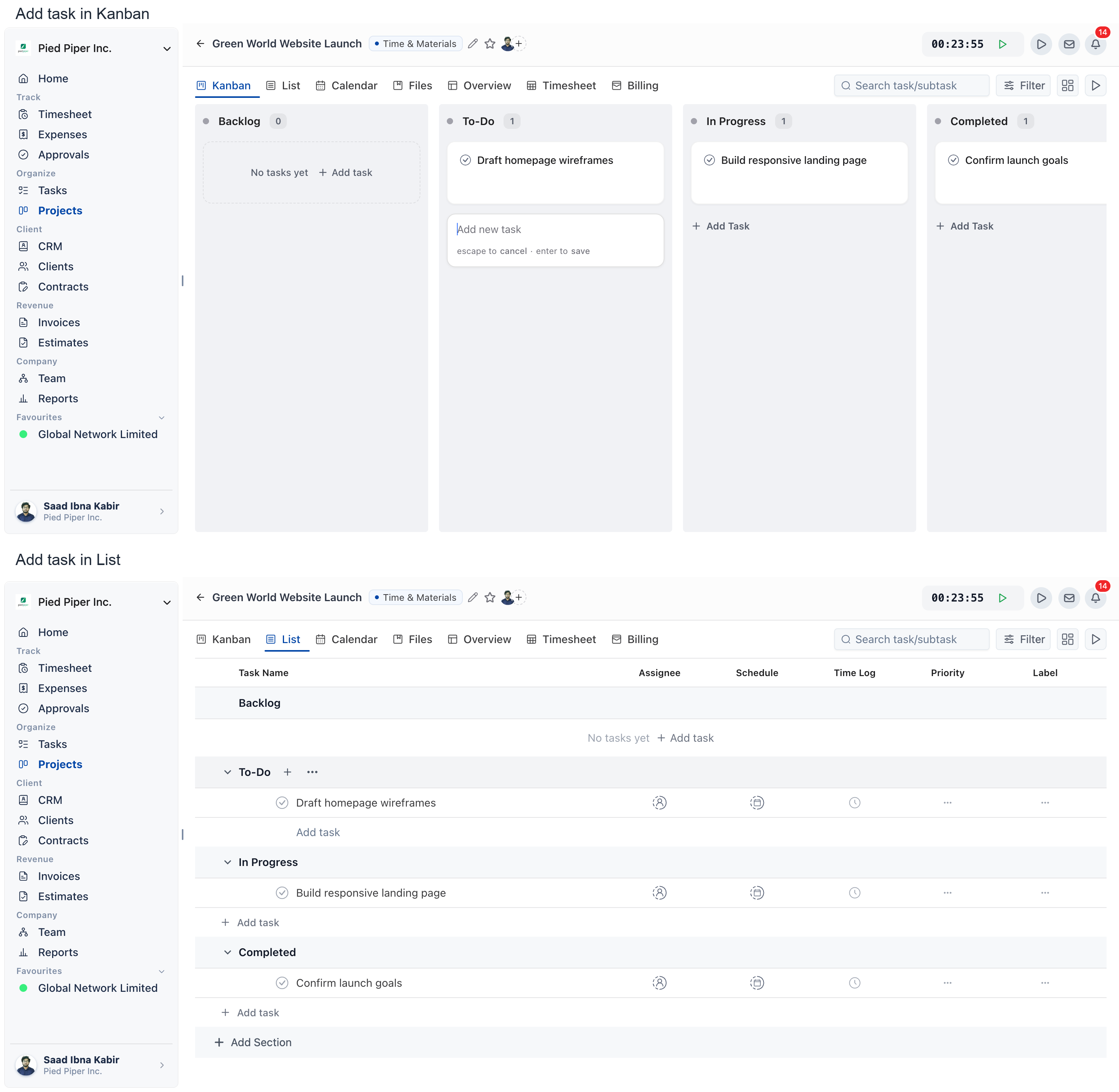 Adding a task on a project board, shown in both the Kanban view and the List view