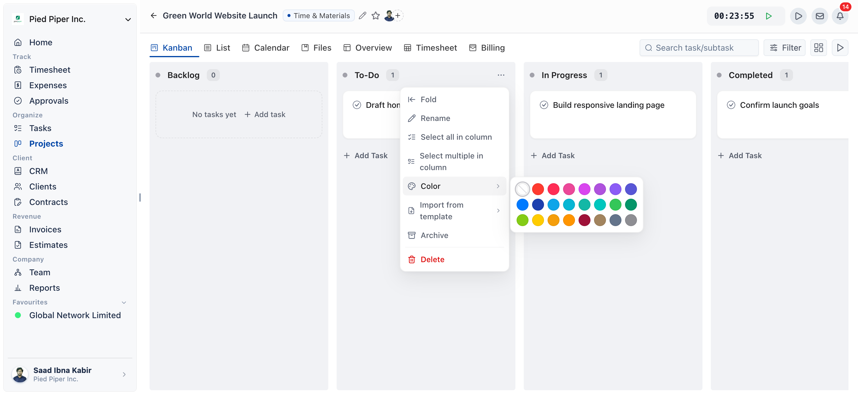 Kanban board with a stage's menu open and a color being chosen for that stage