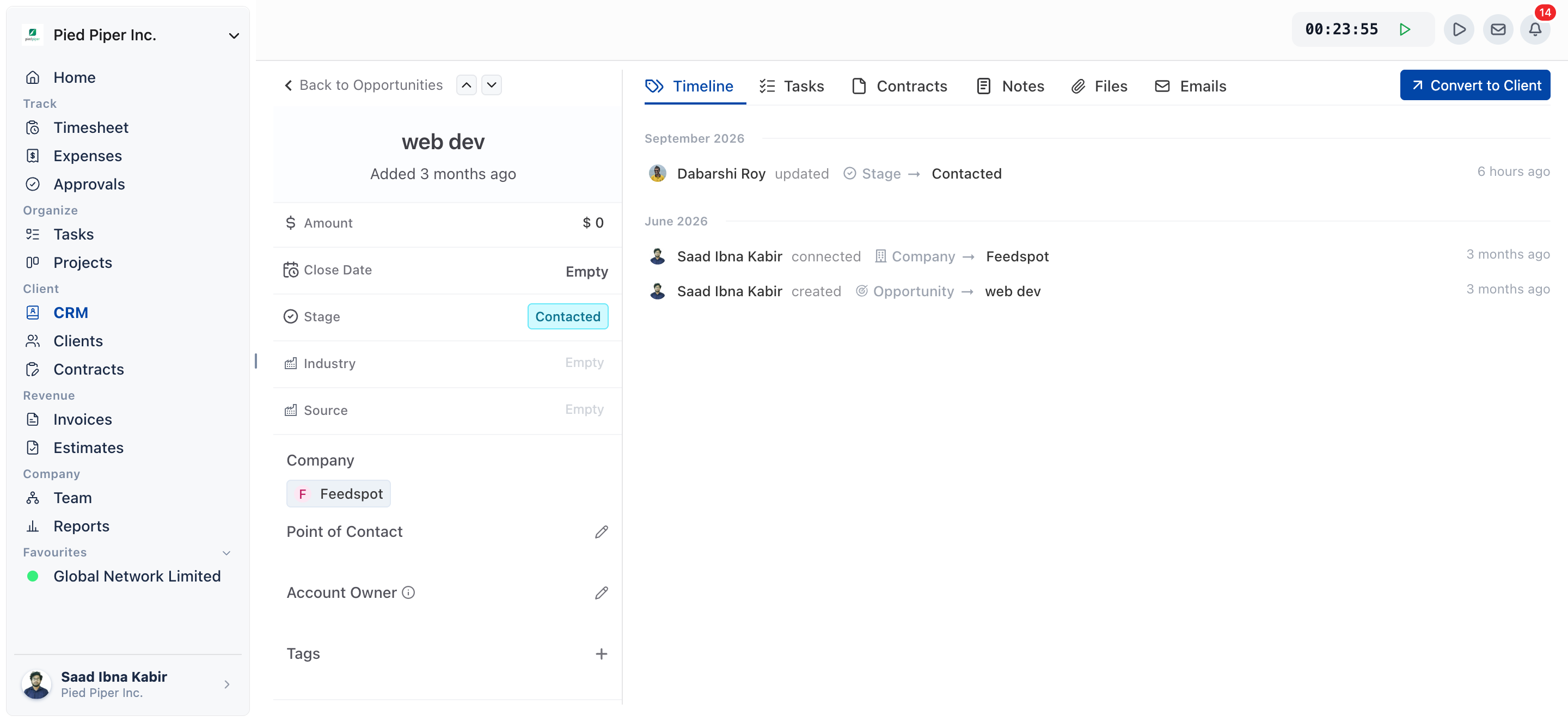 Lead details page with the Convert Into Client button in the top right corner