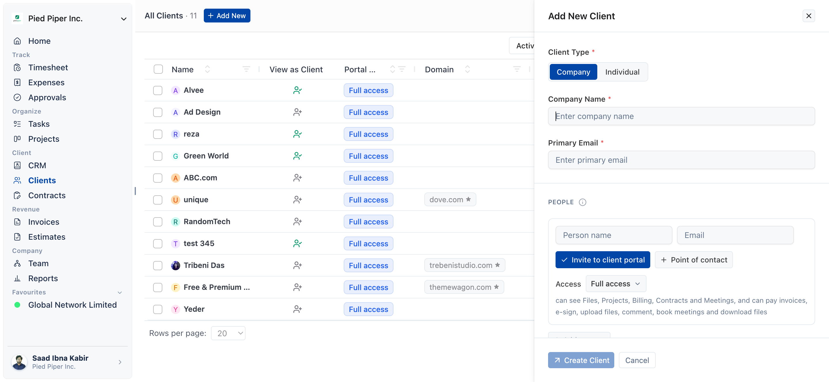 Create client drawer open on the right of the Clients page, with the Invite to Client Portal checkbox visible