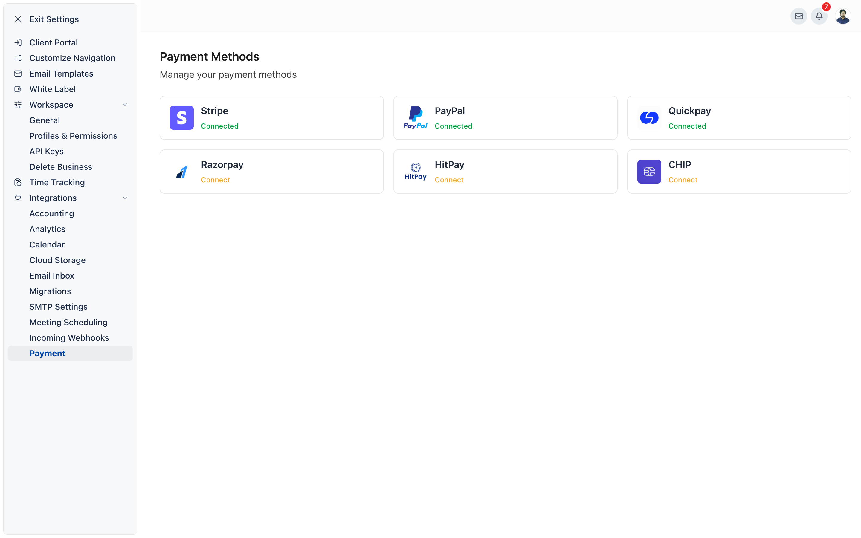 Settings, Integrations, Payment page showing the Payment Methods cards with Stripe marked Connected