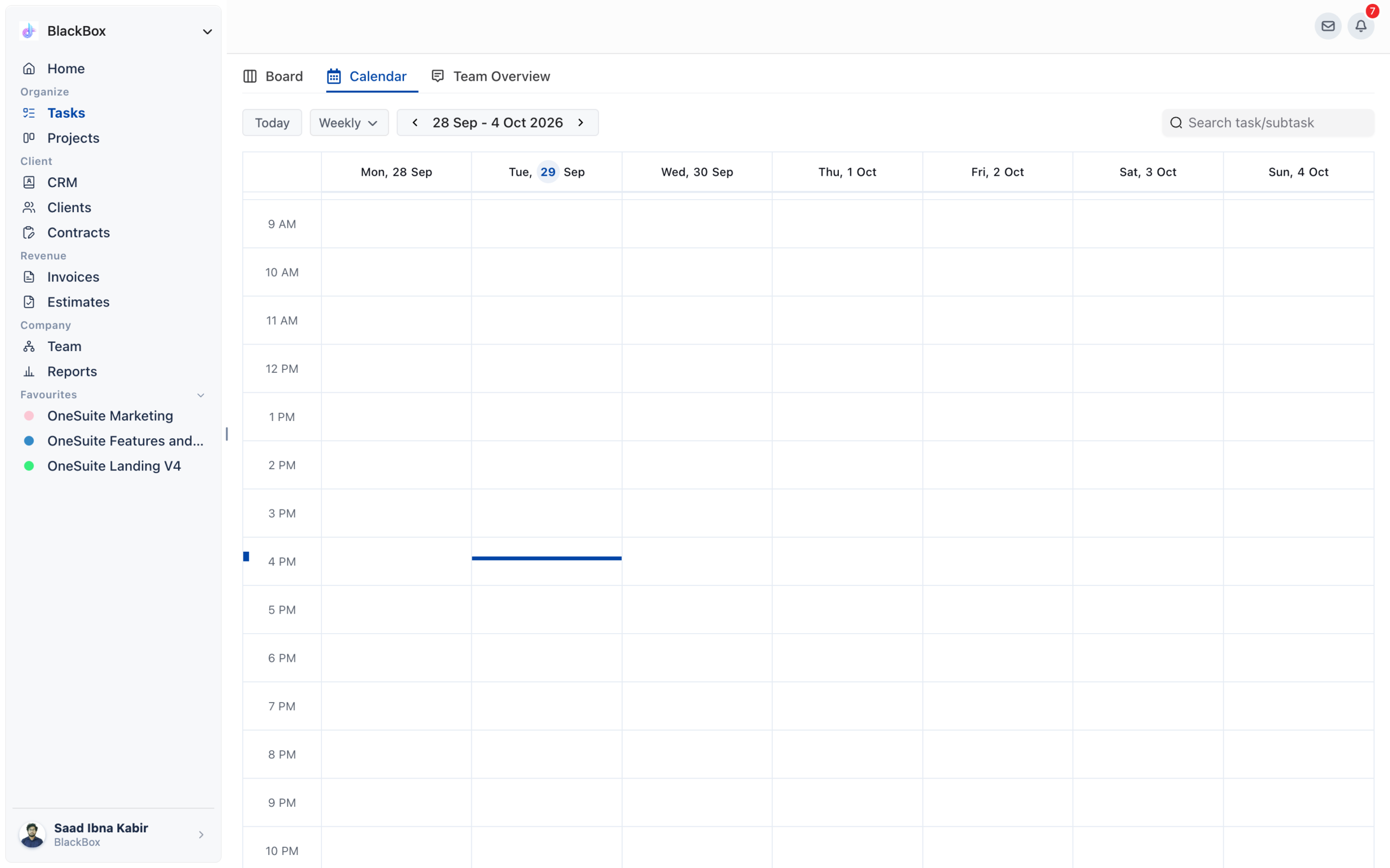 Tasks page on the Calendar tab in the Weekly view, with the Today button, view menu, date arrows and search box visible