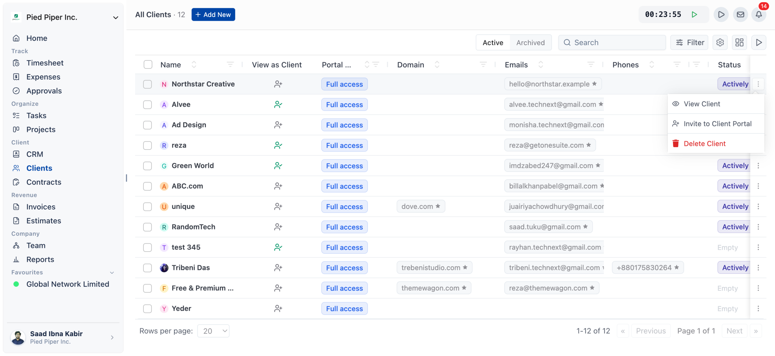 Clients page in OneSuite with the invite client option open for a client