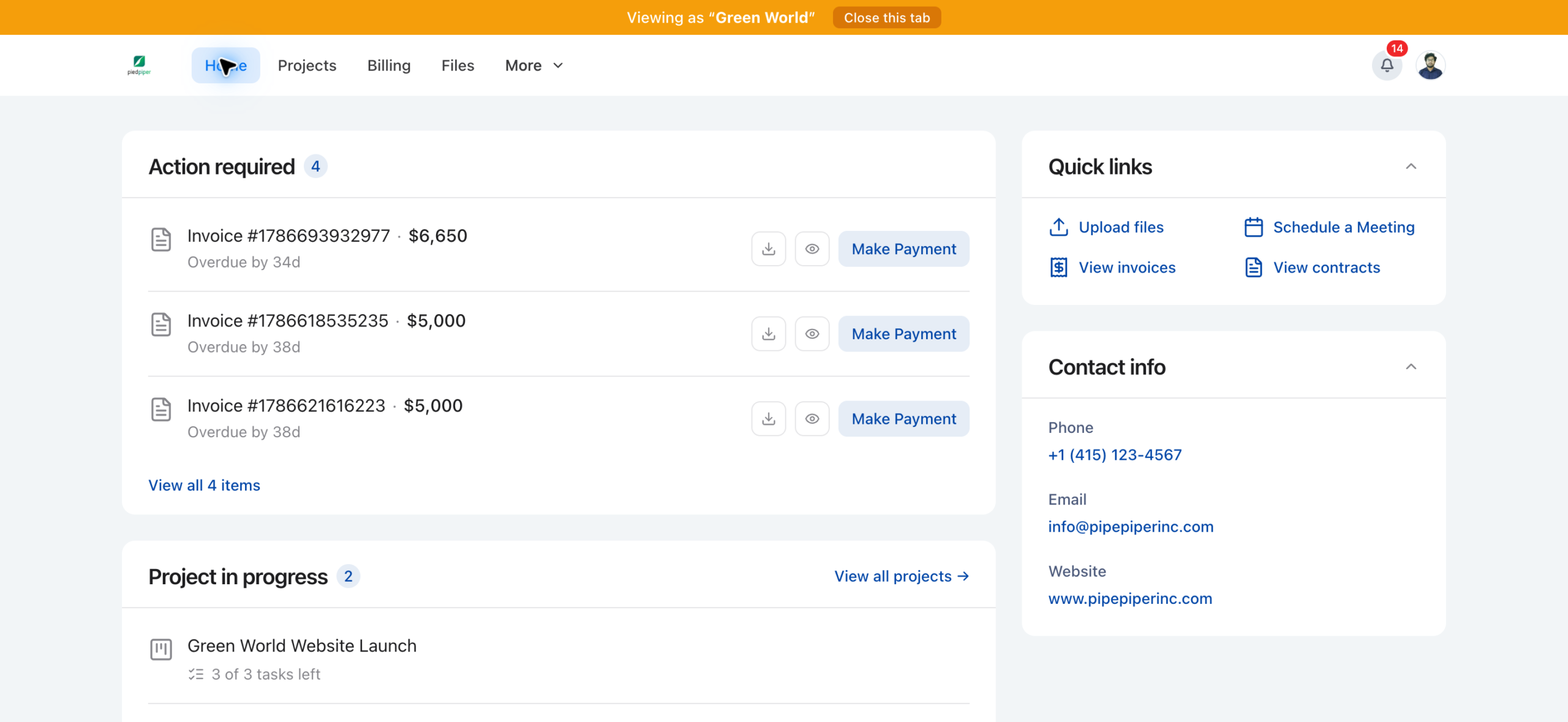 Client Portal dashboard as a client sees it, with projects, documents and invoices