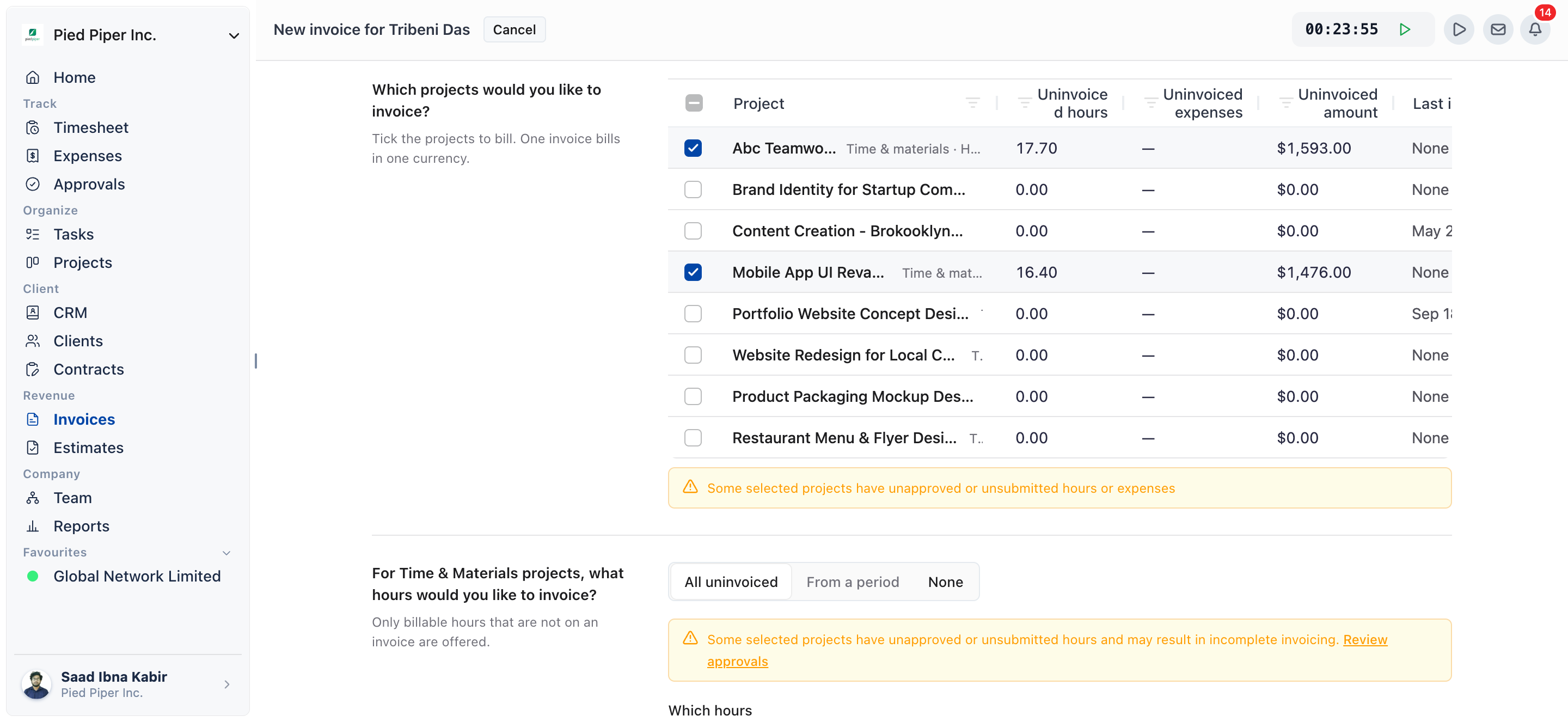 New invoice wizard with two projects ticked in Which projects would you like to invoice? and the hours step set to All uninvoiced
