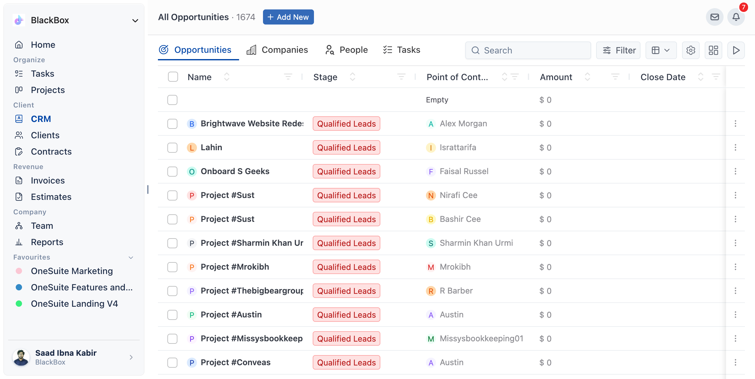 CRM Opportunities tab in Table view with a new, empty row added by Add New