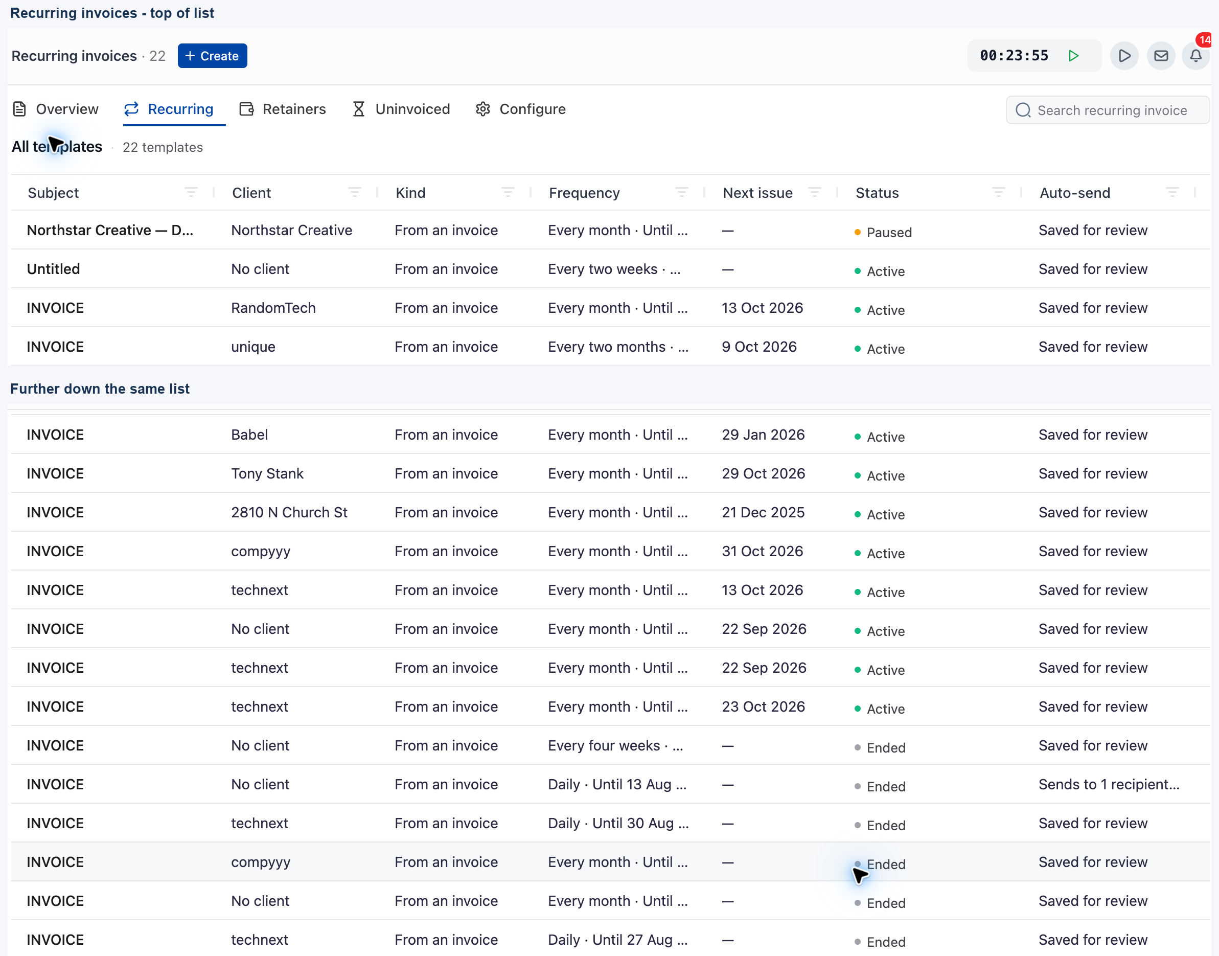 Invoices, Recurring tab with the Recurring invoices list showing Active, Paused and Ended templates