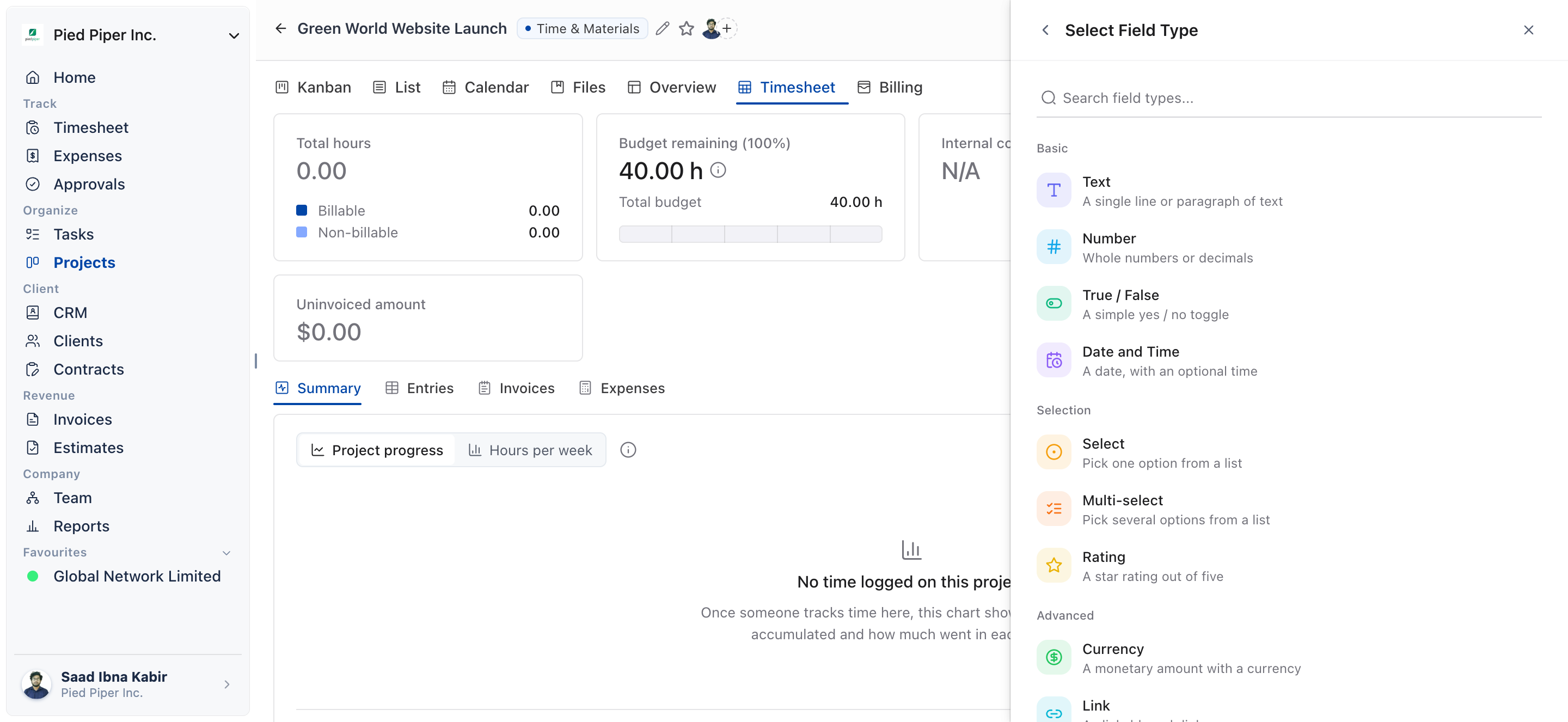 A project's Customize panel with Custom Fields open and the list of field types shown for a new field