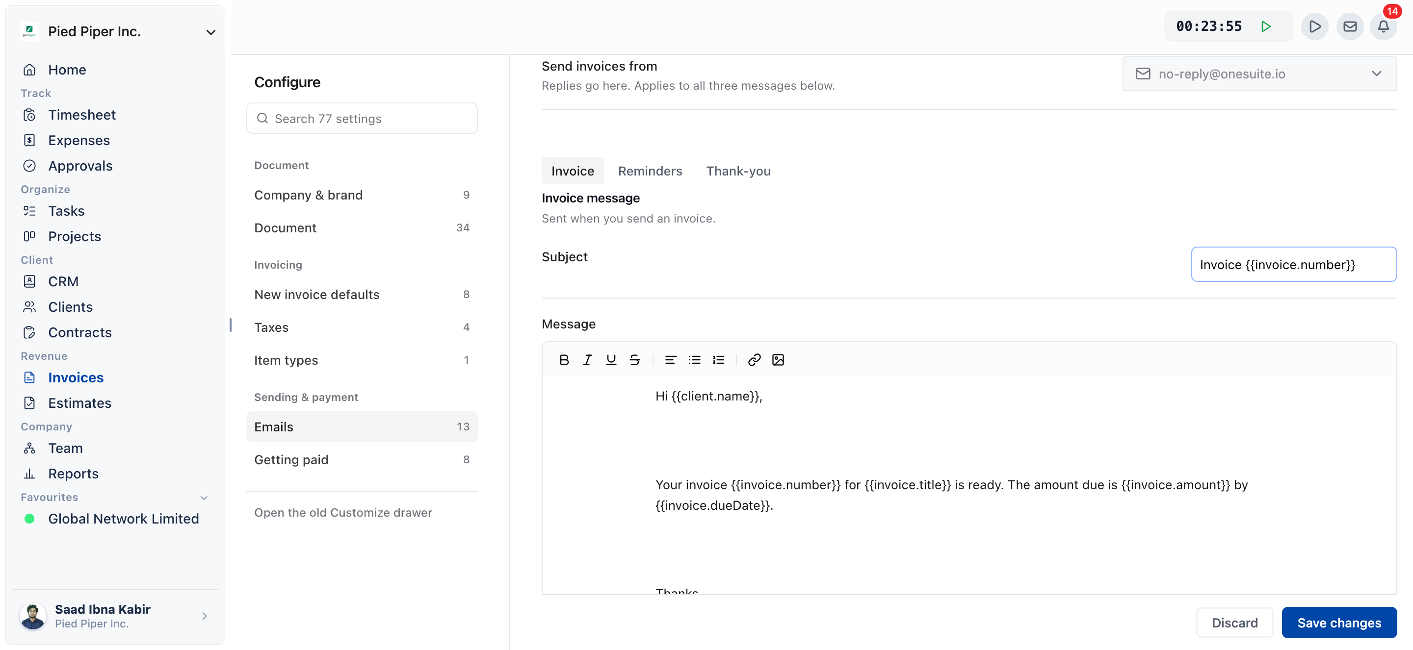 Invoices, Configure, Emails page on the Invoice tab with the Send invoices from picker and the Subject and Message fields filled in