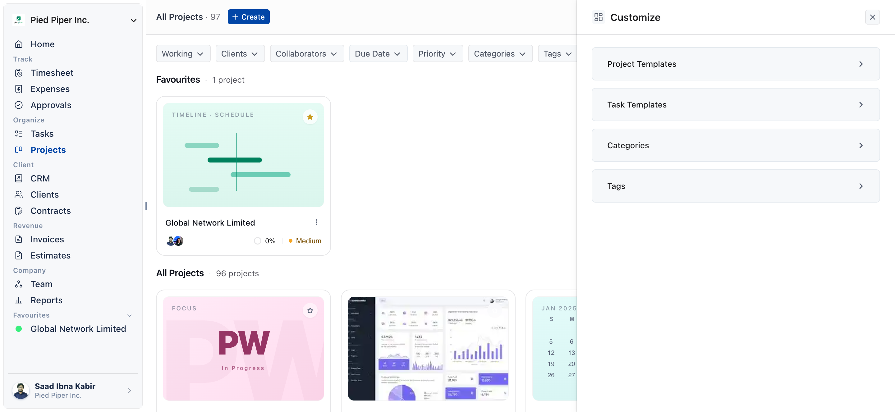 All Projects list with the Customize panel open, showing the Project Templates, Task Templates, Categories and Tags rows