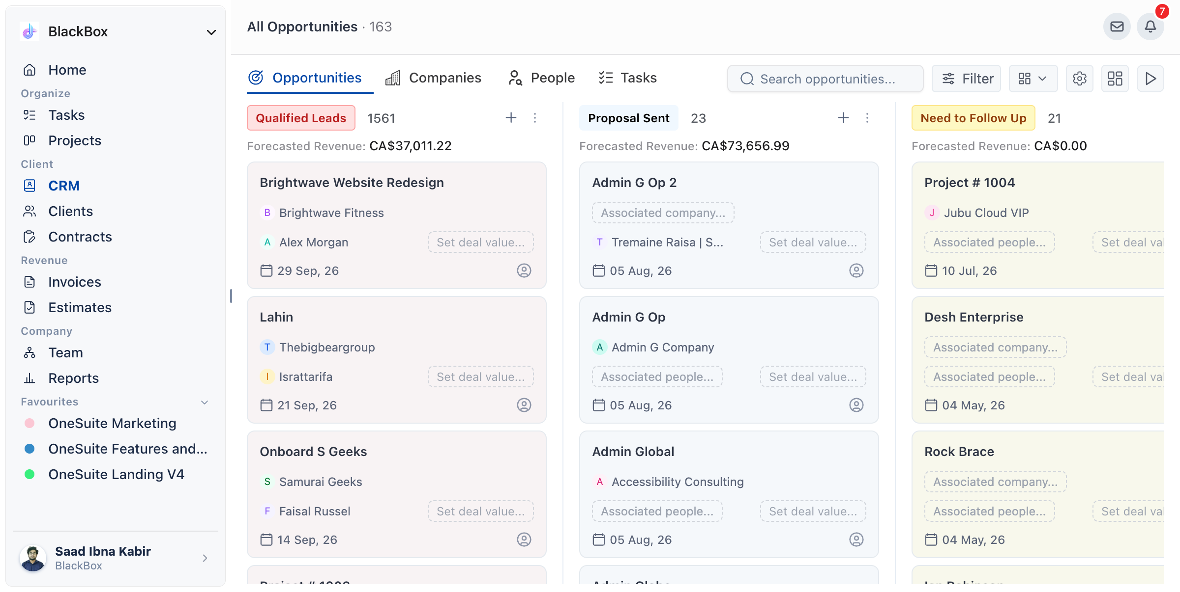 Opportunities tab in CRM with the Search opportunities bar and the Kanban stage columns visible