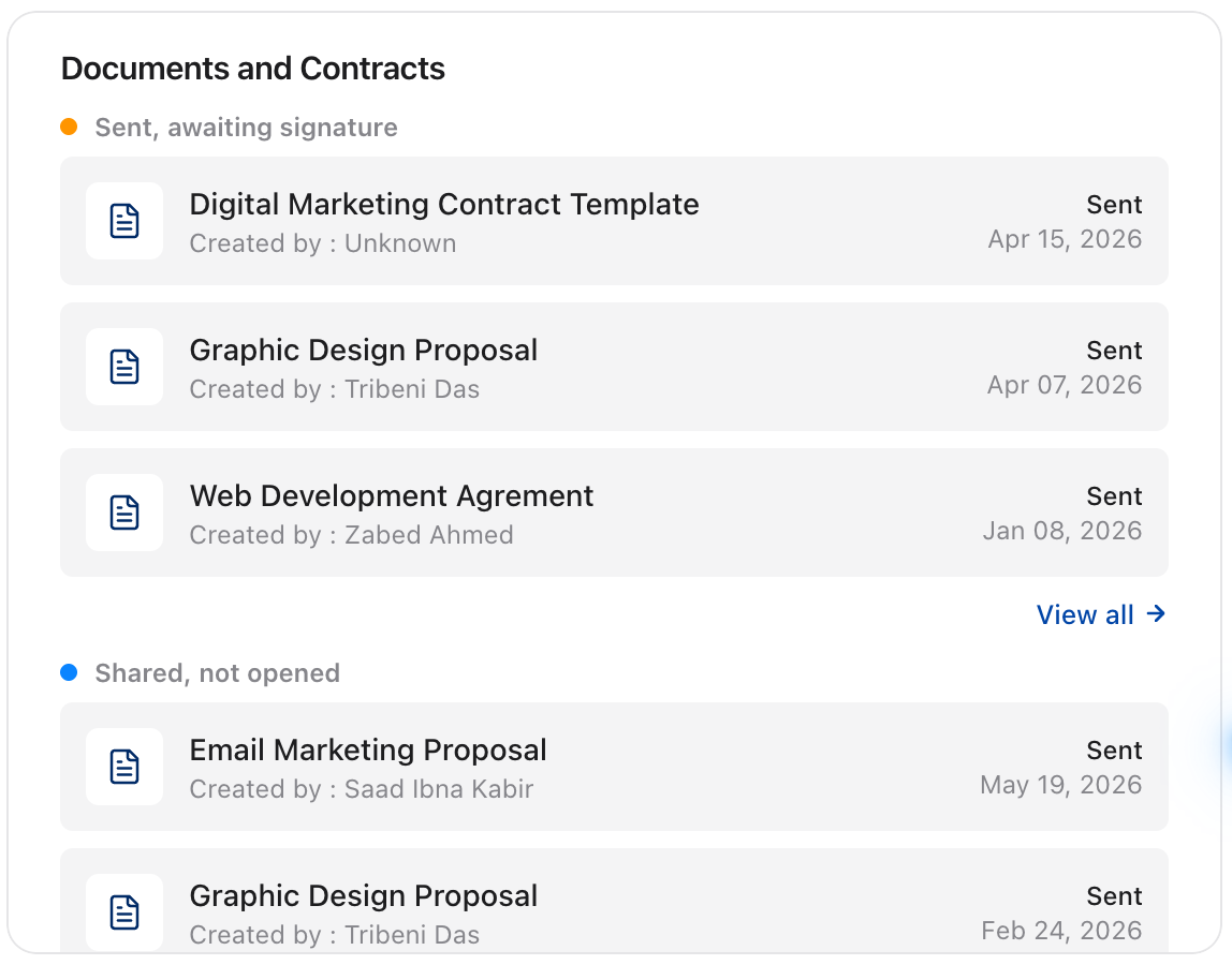Documents and Contracts widget on the dashboard, with entries under Sent, awaiting signature and Shared, not opened