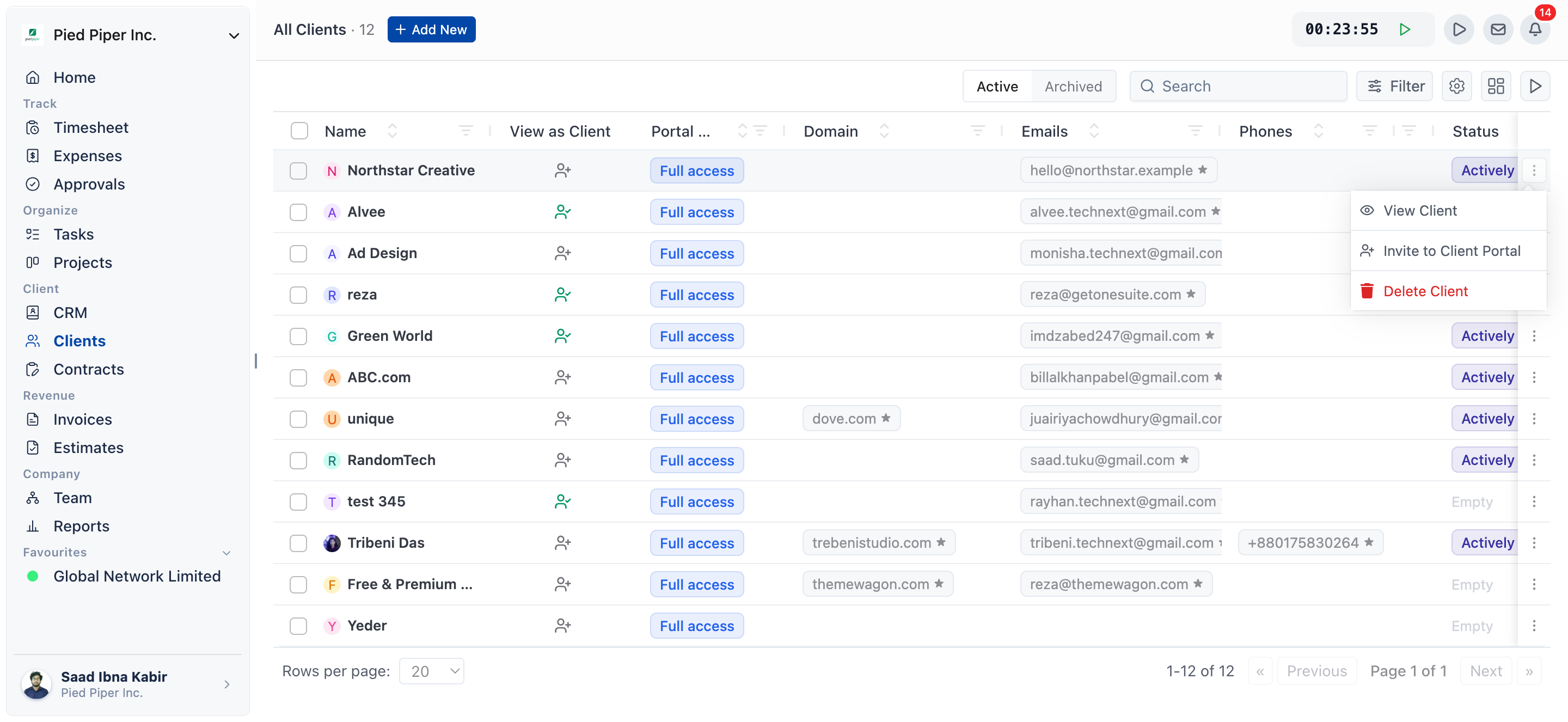 Clients list with the Action menu open on a client row and Invite to Portal highlighted