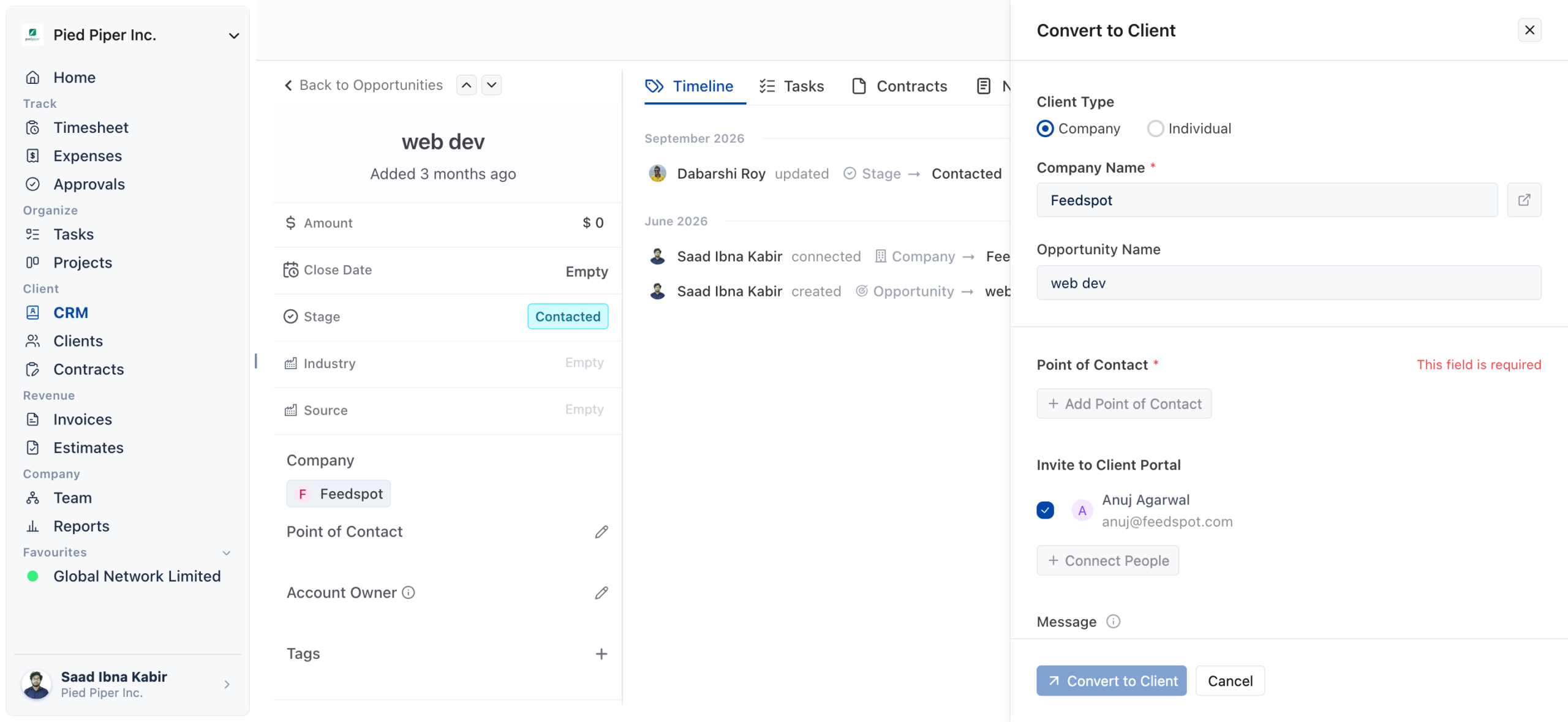 Opportunity detail page with the Convert to Client drawer open, showing Client Type set to Company and Invite to Client Portal ticked