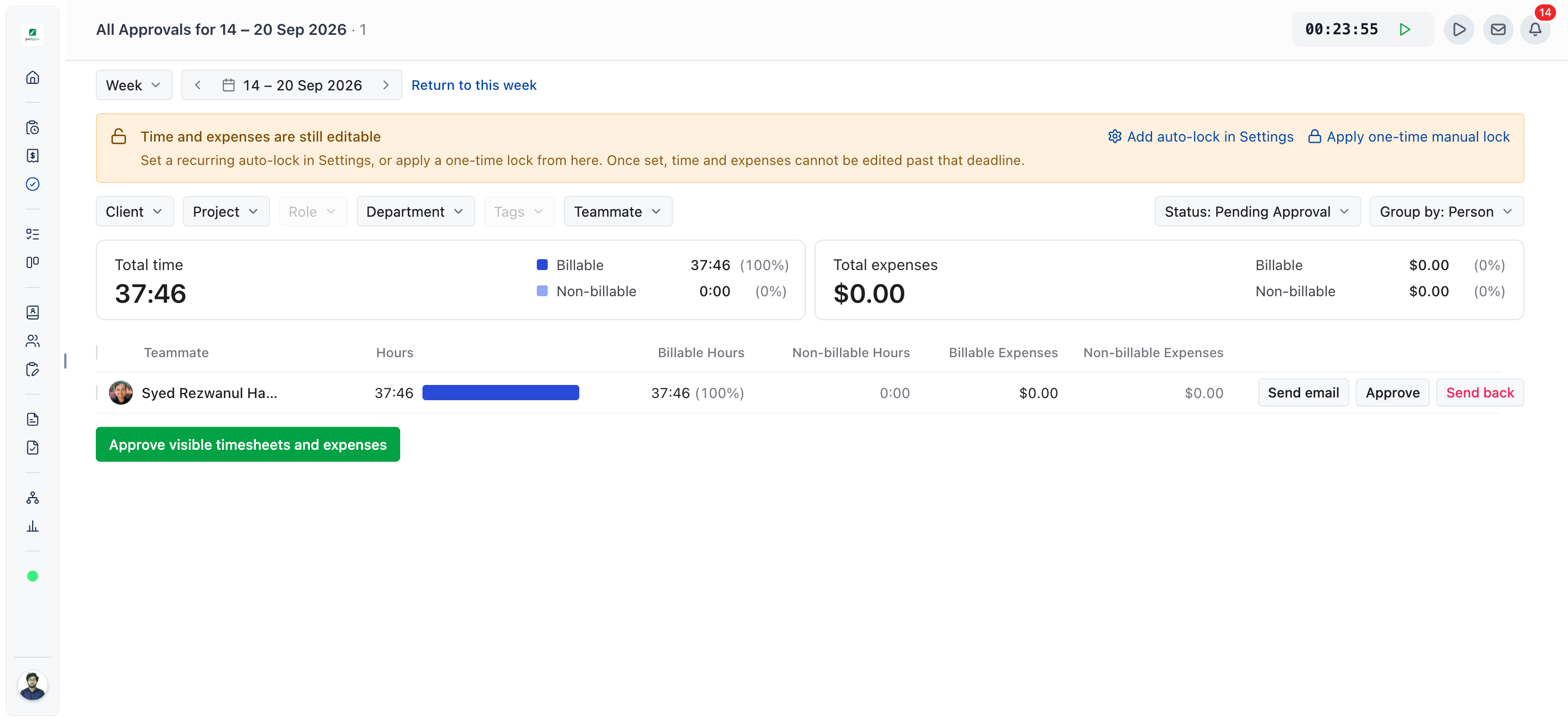 Approvals page with Status set to Pending Approval, grouped by Person, showing Approve and Send back on each row
