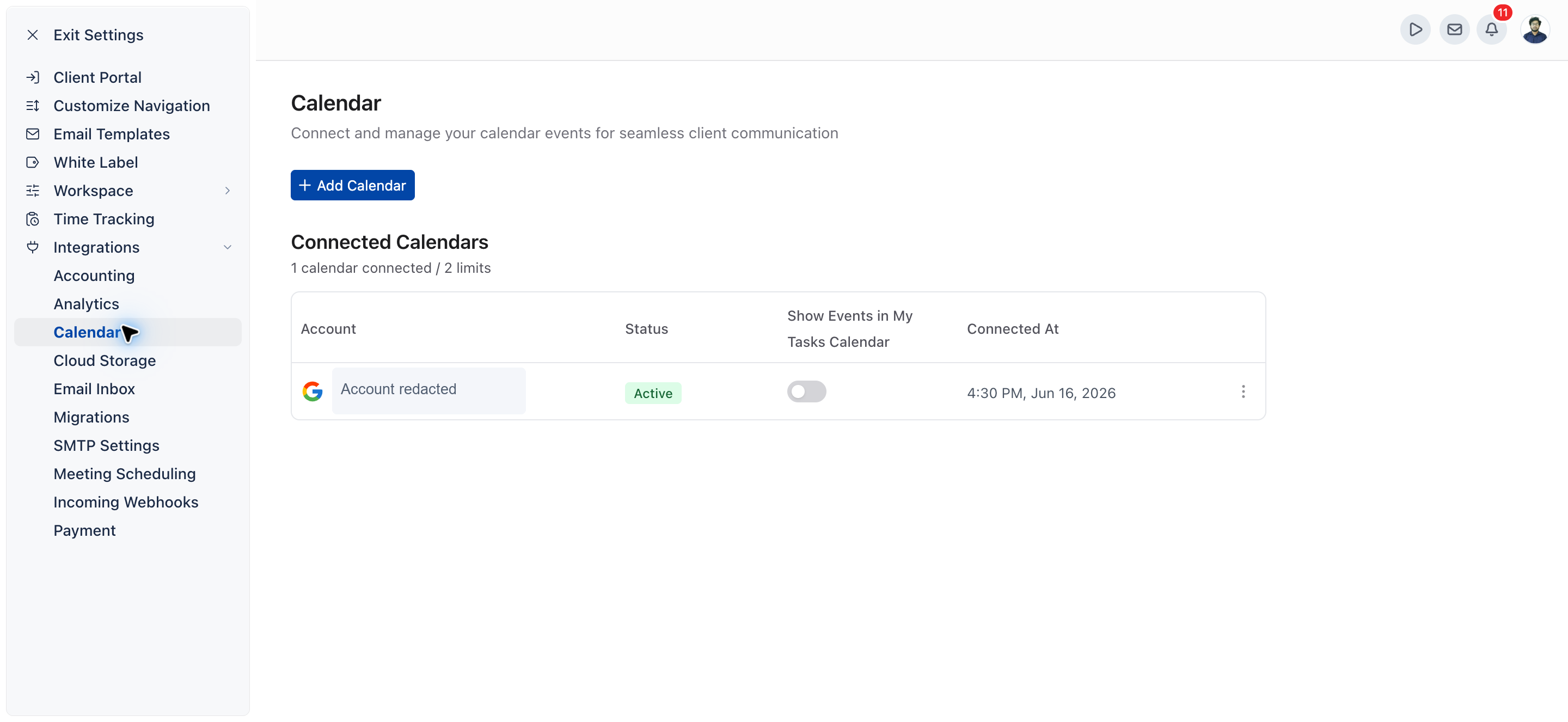 Settings, Calendar page with the Connected Calendars list showing one Google account marked Active