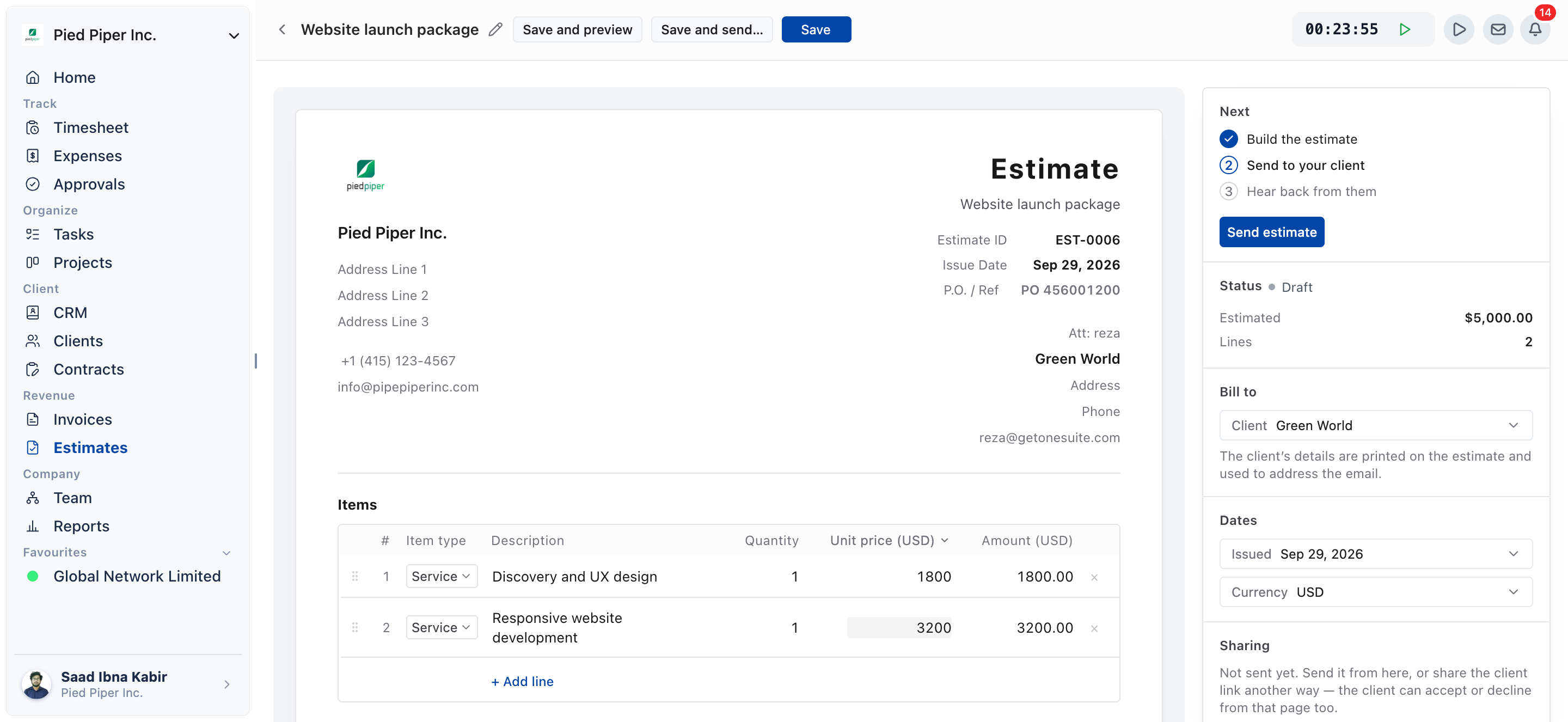 Estimate editor with a client selected in Bill to, two line items, and the Save and send button visible