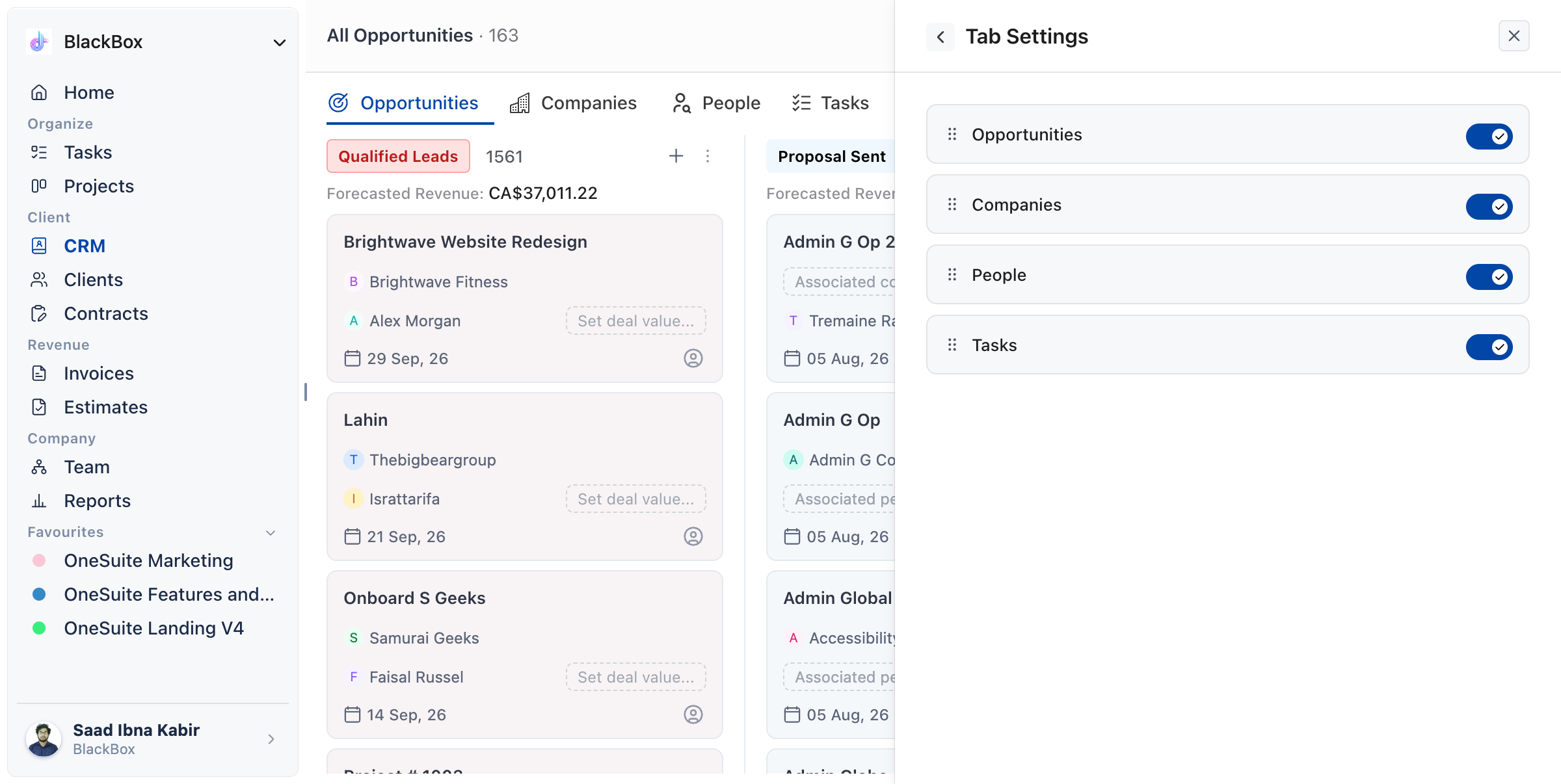 CRM page with the Customize drawer open on Tab Settings, showing the drag handles and a switch per tab
