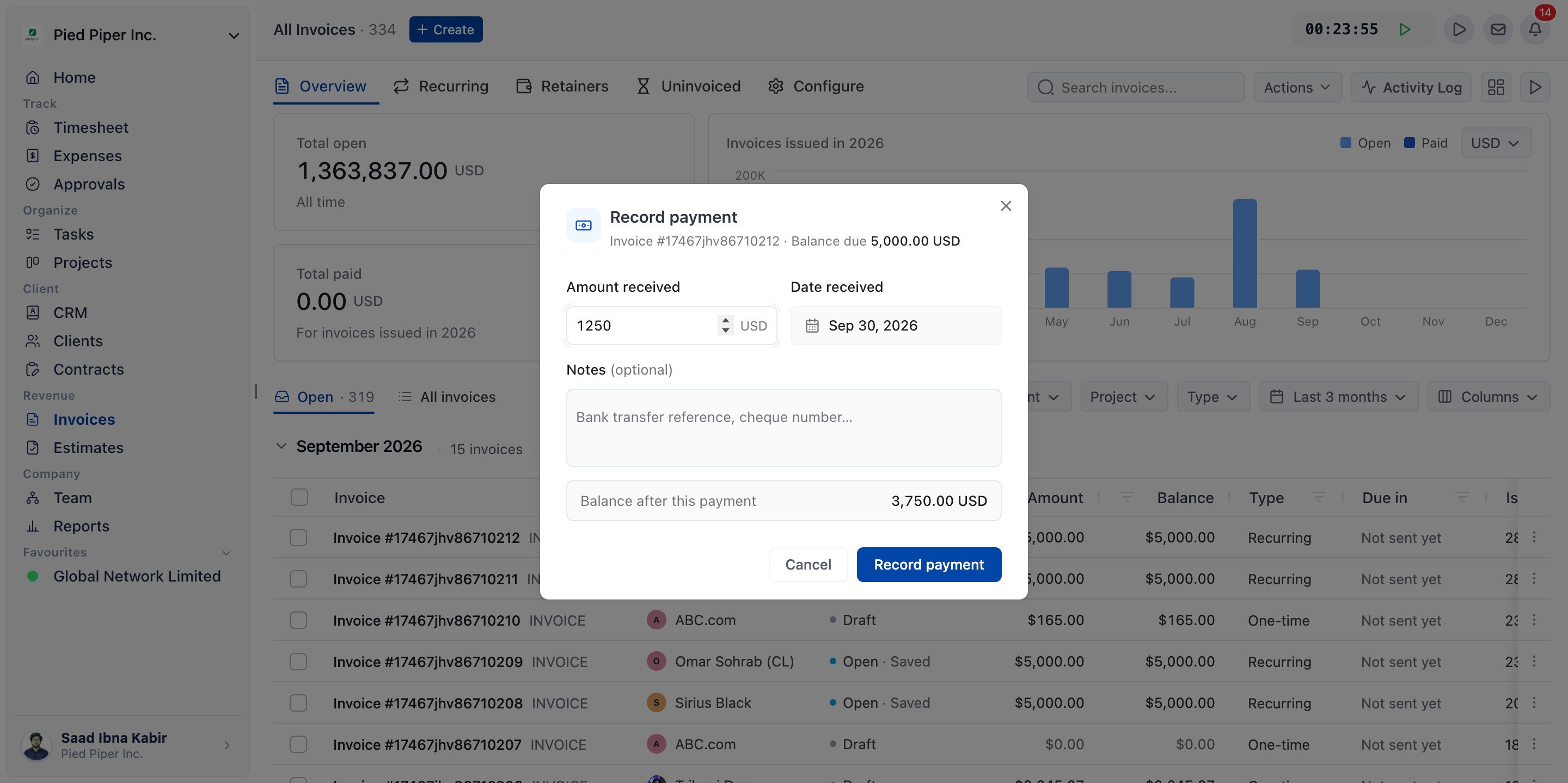 Record payment dialog with Amount received changed to a partial amount and Balance after this payment showing the remaining balance