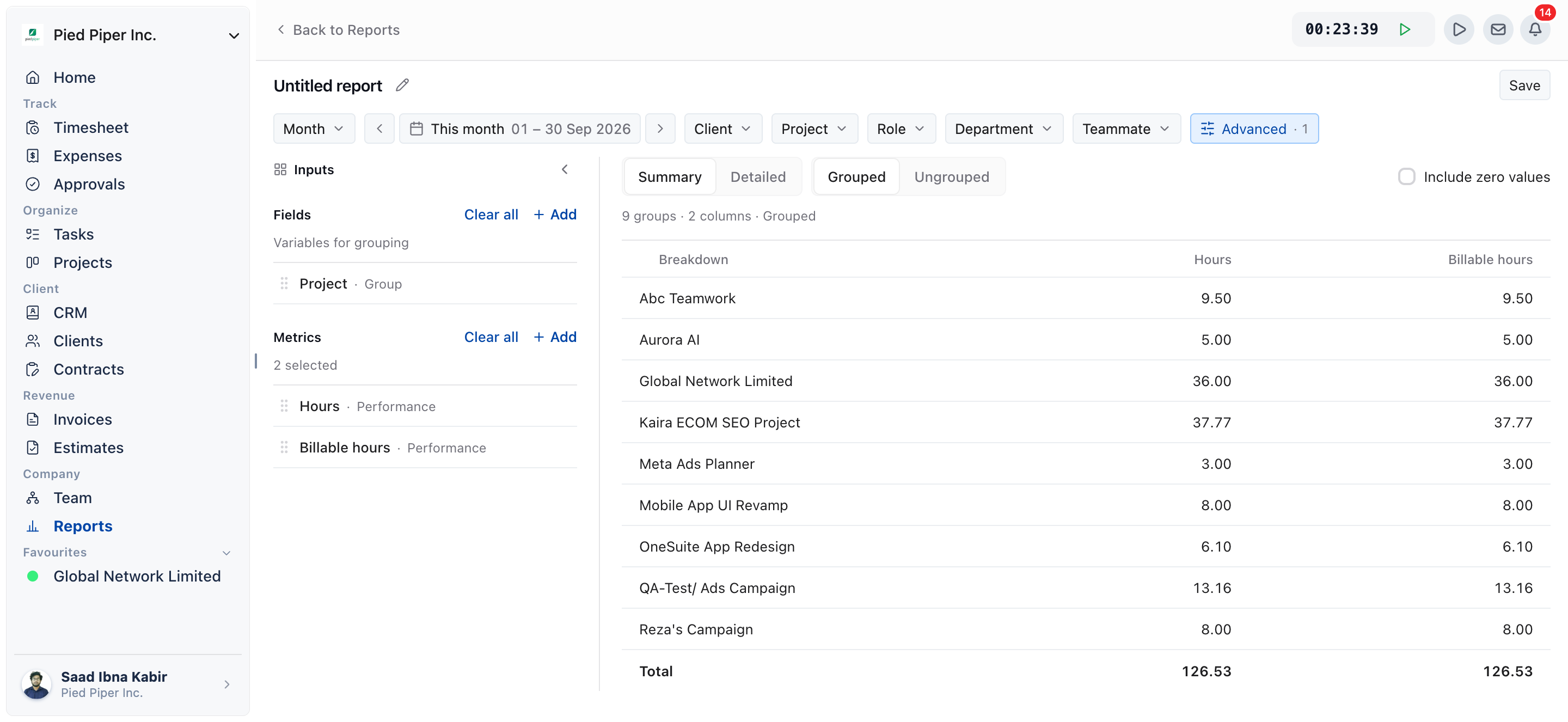 Custom report builder with the Inputs panel open, one field and two metrics added, and the Advanced button showing one rule