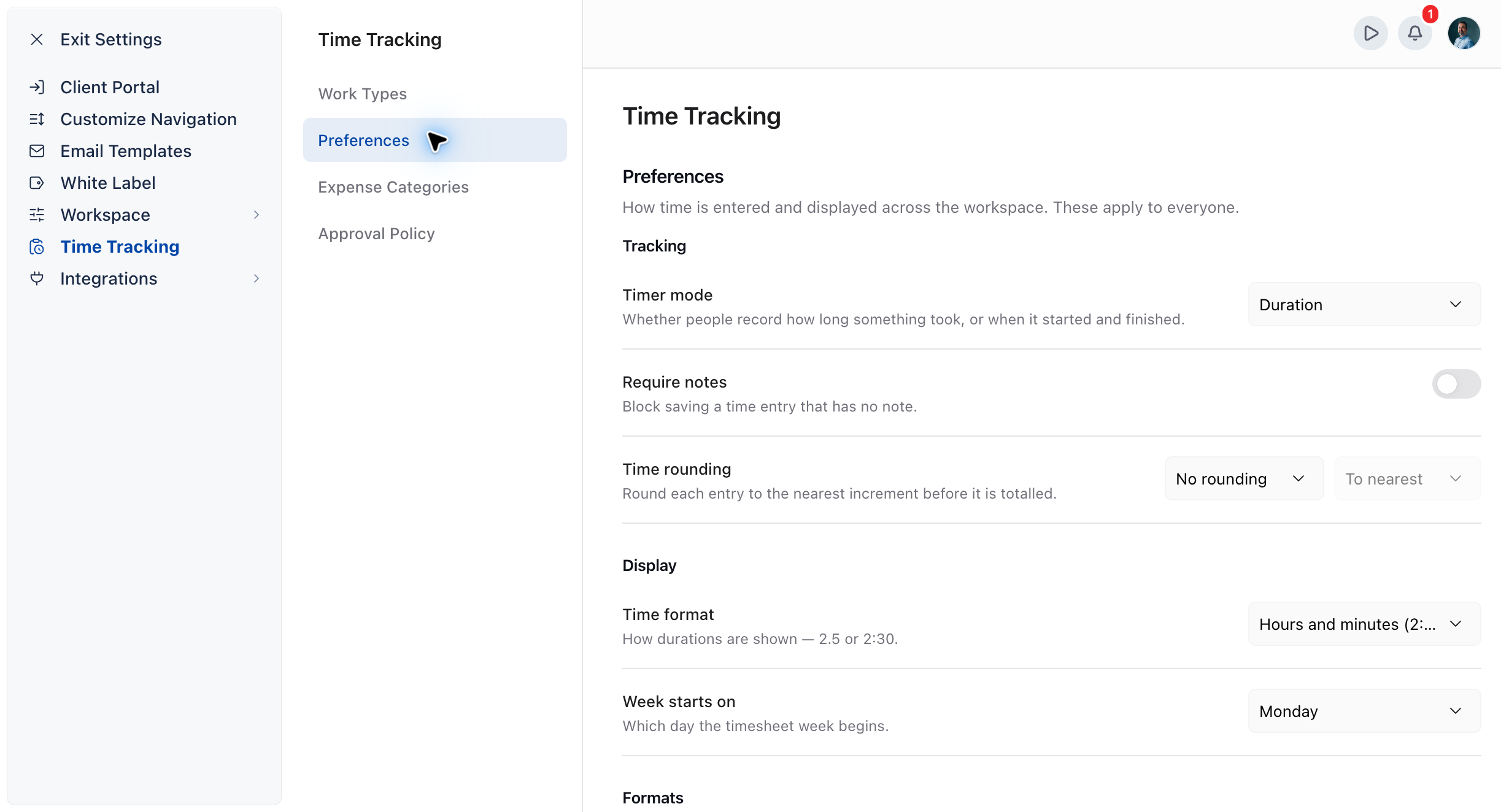 Settings, Time Tracking, Preferences page with the Tracking group visible