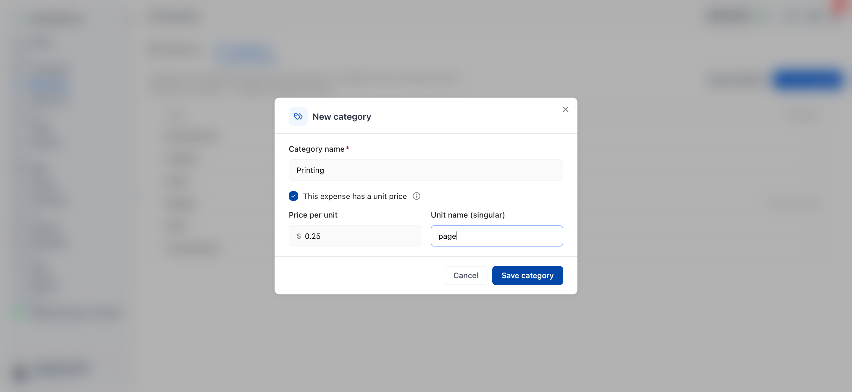 Expenses page, Categories tab, with the New category dialog open and This expense has a unit price ticked